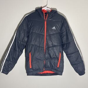 Adidas Boys Puffer Hooded Jacket Gray Coat Orange Lined 3-Stripes Large